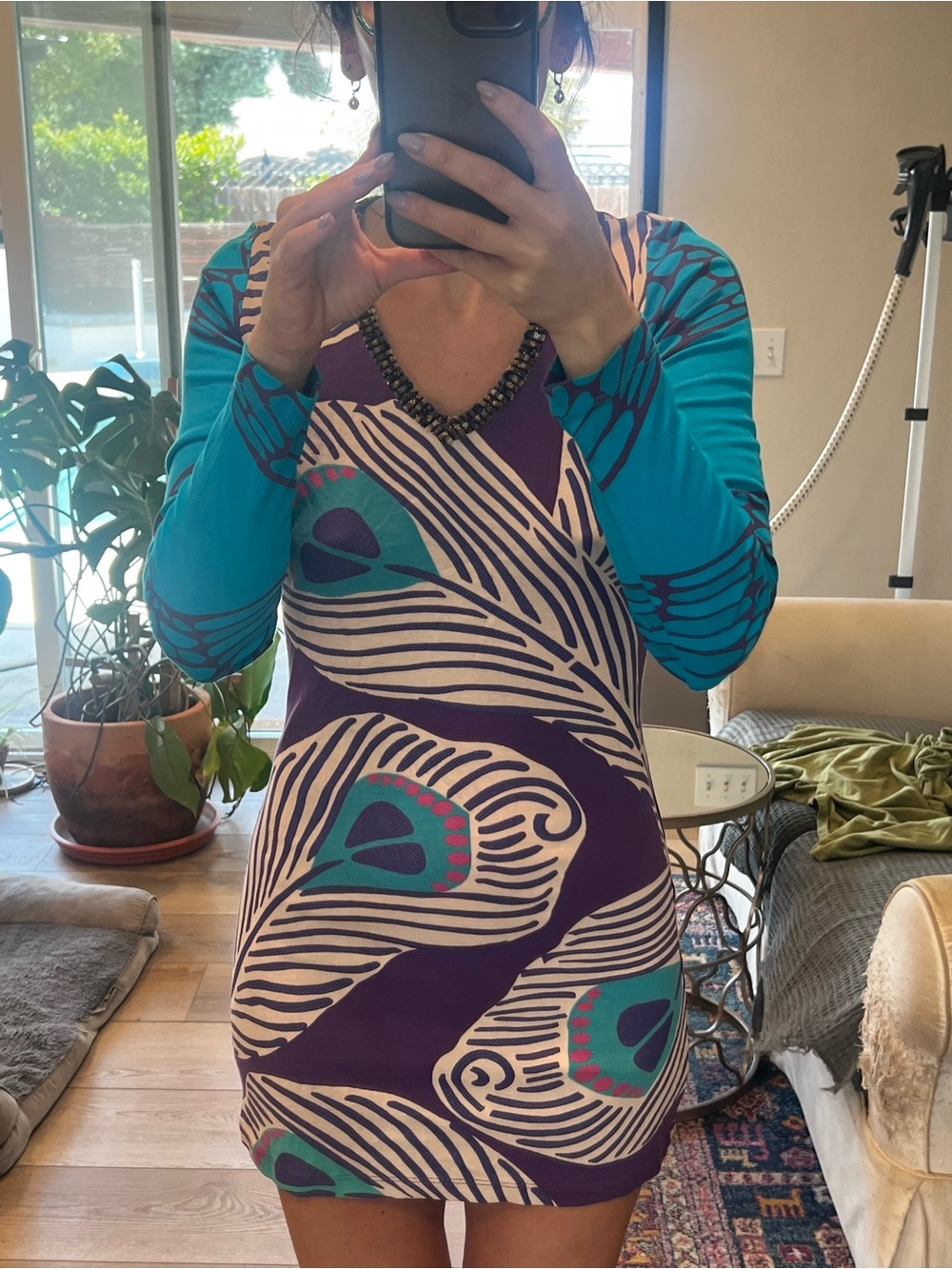 Vintage Turquoise & Purple Peacock-Print V-Neck mini